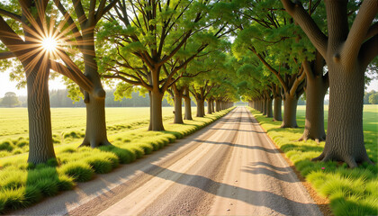 Obraz premium Lush tree-lined dirt road under sunlight for blogs, websites, nature-themed designs, landscape illustrations, outdoor decor, and relaxation inspiration