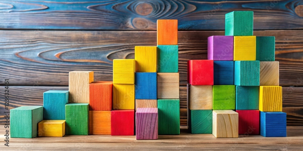 Fototapete a colorful arrangement of wooden blocks in a creative stacking pattern on a rustic wooden surface