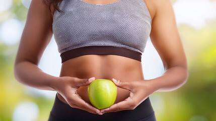 Eine junge Sportlerin h&auml;lt einen Apfel als Zeichen der Fitness und Gesundheit