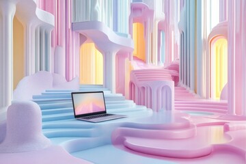 Fototapeta premium Abstract pastel architecture with a laptop in a surreal environment, showcasing creativity, technology, and vibrant colors in a modern art style