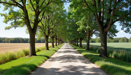 Fototapeta premium Scenic tree-lined road with lush greenery for blogs, websites, nature-themed designs, travel guides, greeting cards, and digital artwork