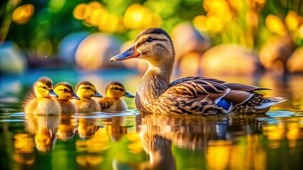 Adorable Mallard Ducklings Swimming with Mom: Tilt-Shift Miniature Photography