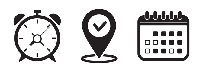 Time, address, and date icon vector in flat style. Clock, pin map location, and calendar signs set, Black & white vector.