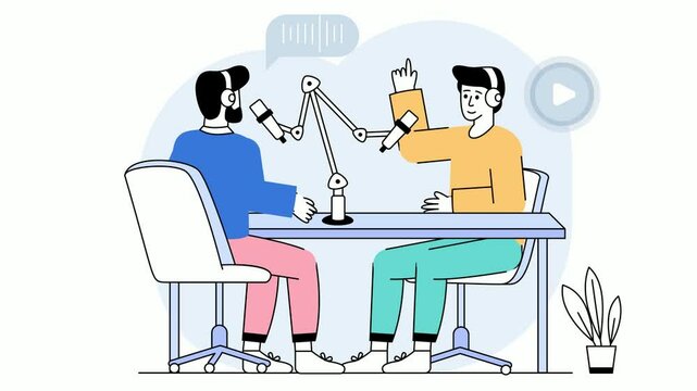 Co-hosting Conversations at podcast studio animation, conversational or interview-style show animated video, Slice of life journalism Clip, Web television series footage, vodcast audio blogging motion