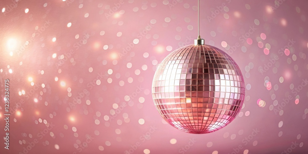 Poster a single pink disco ball hangs against a soft pink background adorned with a subtle shimmer of light