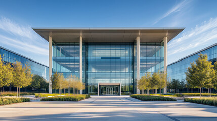Obraz premium Modern glass and steel office building, symmetrical design, bathed in midday light, showcasing sleek architecture and urban professionalism.