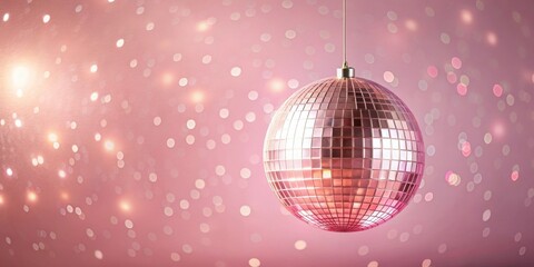 A single pink disco ball hangs against a soft pink background adorned with a subtle shimmer of light