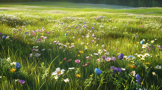 A rustic country field alive with wildflowers dancing in a gentle breeze, accented by artfully hidden Easter eggs amid tall, swaying grasses