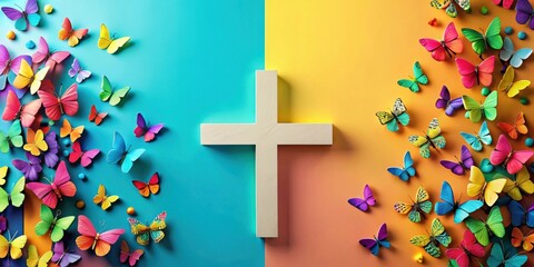 A wooden cross separates a colorful blue background with butterflies from a colorful yellow background with butterflies.
