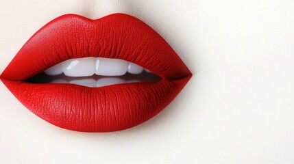 Fototapeta premium Close-up of beautiful red lips with glossy lipstick and white teeth, perfect for beauty and cosmetics themes.