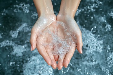 Fototapeta premium Hands with Soap Bubbles and Water Background