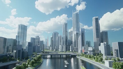 Fototapeta premium Modern cityscape with a river and clear sky featuring imposing skyscrapers