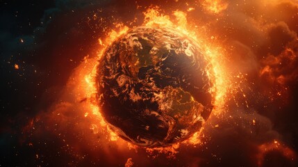 A globe surrounded by a ring of giant volcanic eruptions, with realistic lava flows and ash clouds spreading across multiple regions.