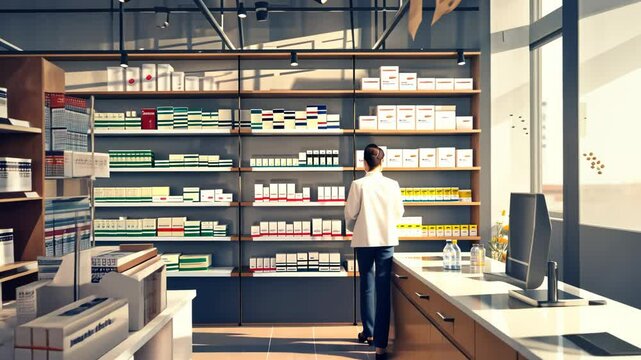 Pharmacists consult in a modern, glowing pharmacy, exuding professionalism