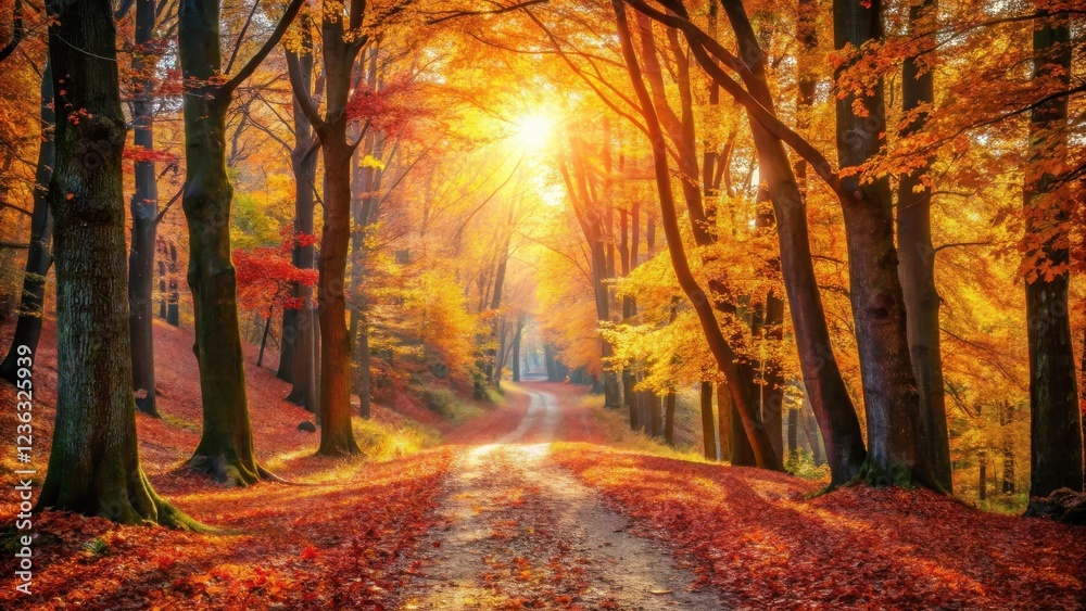 Poster golden sunlight illuminates a winding path through an autumnal forest, dappled with fallen leaves an