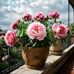 peonies planted in a vintage pot, placed on a balcony in a overcast setting