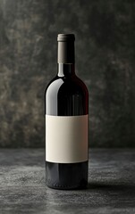 Fototapeta premium A red wine bottle with a white label on a dark grey background, product photography, front view. The label is blank, and there is a blank black box of text in the bottom right corner. 