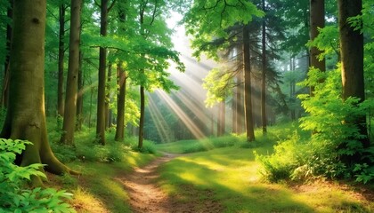 Obraz premium Beautiful rays of sunlight in a green forest