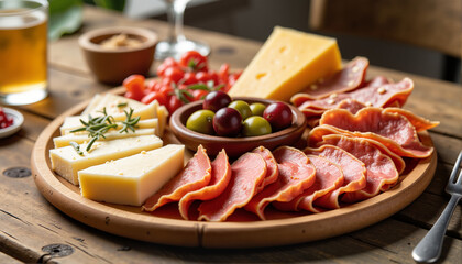 Charcuterie board with assorted meats and cheeses for food blogs, recipes, culinary websites, entertaining ideas, greeting cards, promotional materials, and event planning resources