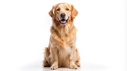 Obraz premium A Golden Retriever dog sits patiently, its tail wagging slightly, on a pristine white background, its golden fur gleaming in the light, a happy expression on its face, ready for a loving pet