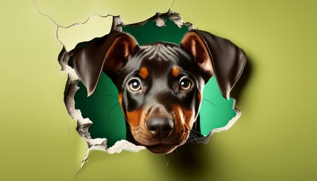 Nahaufnahme eines Dobermann-Welpen aus einem zerfetzten Loch in der Wand vor gr&uuml;nem Hintergrund