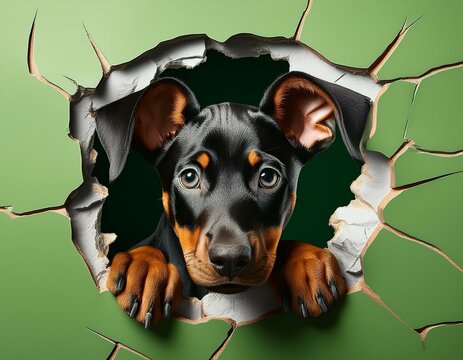 Nahaufnahme eines Dobermann-Welpen aus einem zerfetzten Loch in der Wand vor gr&uuml;nem Hintergrund