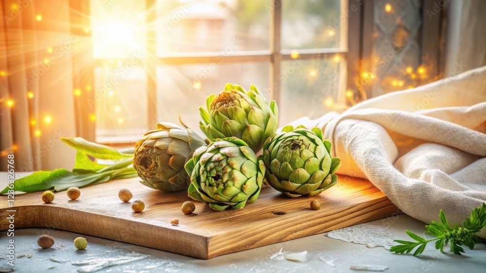 Aufkleber three fresh artichokes on wooden cutting board with soft fabric and light stream through window