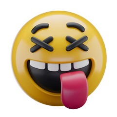 3D Yellow Emoji Face with Crossed-Out Eyes and Tongue Sticking Out.