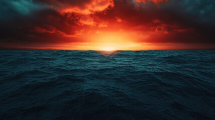 Fototapeta premium Majestic sunset over turbulent ocean waves, creating dramatic scene, Global Warming and Climate Crisis Themed