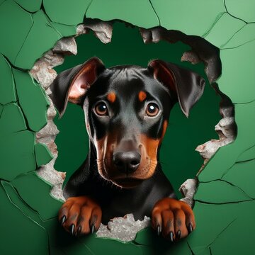 Nahaufnahme eines Dobermann-Welpen aus einem zerfetzten Loch in der Wand vor gr&uuml;nem Hintergrund