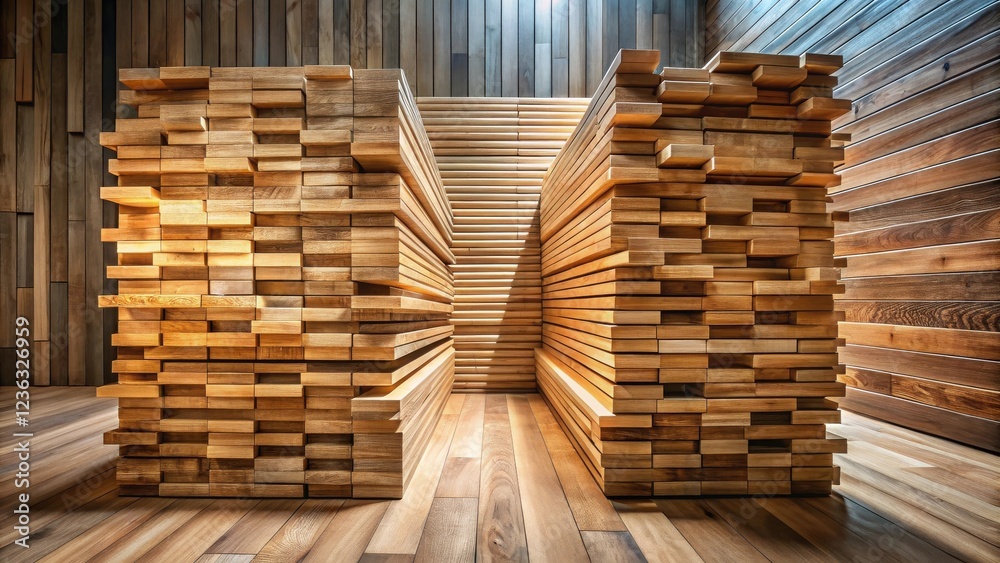 Aufkleber Stacked wooden planks form a geometric pattern, creating a modern and minimalist design in a room with a warm, inviting atmosphere.