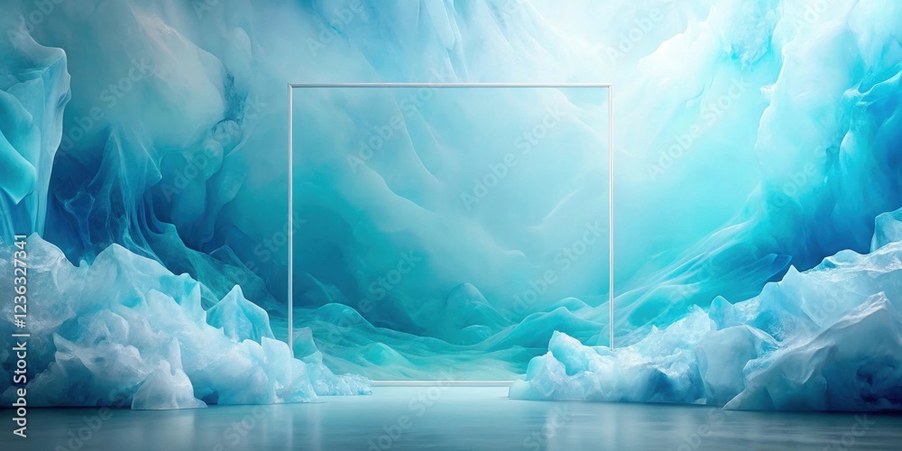 Poster A silver frame stands against a background of abstract blue and white ice formations, creating a surreal and minimal scene.
