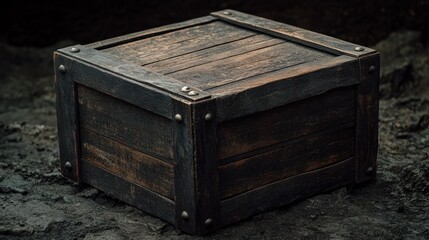 Rustic wooden crate, metal bands, dark ground, outdoor setting, game asset