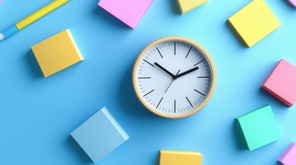 A colorful arrangement of blocks surrounds a wooden clock on a blue background, creating a playful and vibrant scene.
