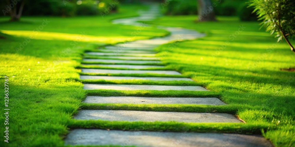 Poster a winding stone path bordered by lush green grass, leading into a tranquil garden with soft sunlight