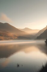 Obraz premium Earthy-Toned Mountain Scene with Soft Mist and Golden Light Phone Background 