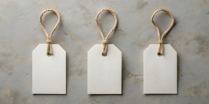 Three Blank Paper Tags Tied with Jute Twine on a Grey Textured Background