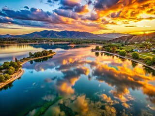 Obraz premium Aerial View of San Bernardino Lake, Stunning Water Reflections at Sunset