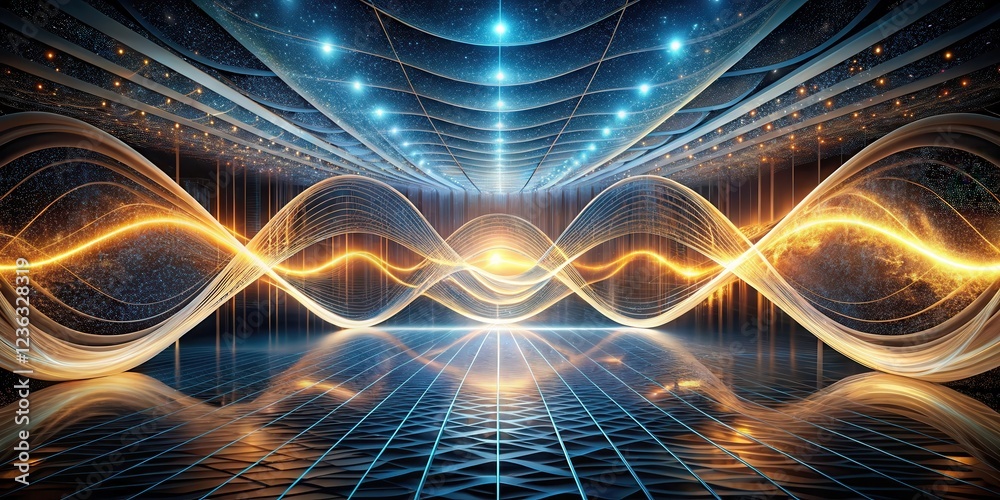 Poster Abstract digital space with flowing light waves and a shimmering grid floor