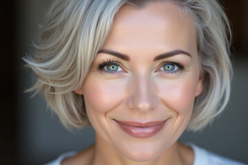 Fototapeta premium mature, woman, silver, gray, hair, blue, eyes, smiling, serene