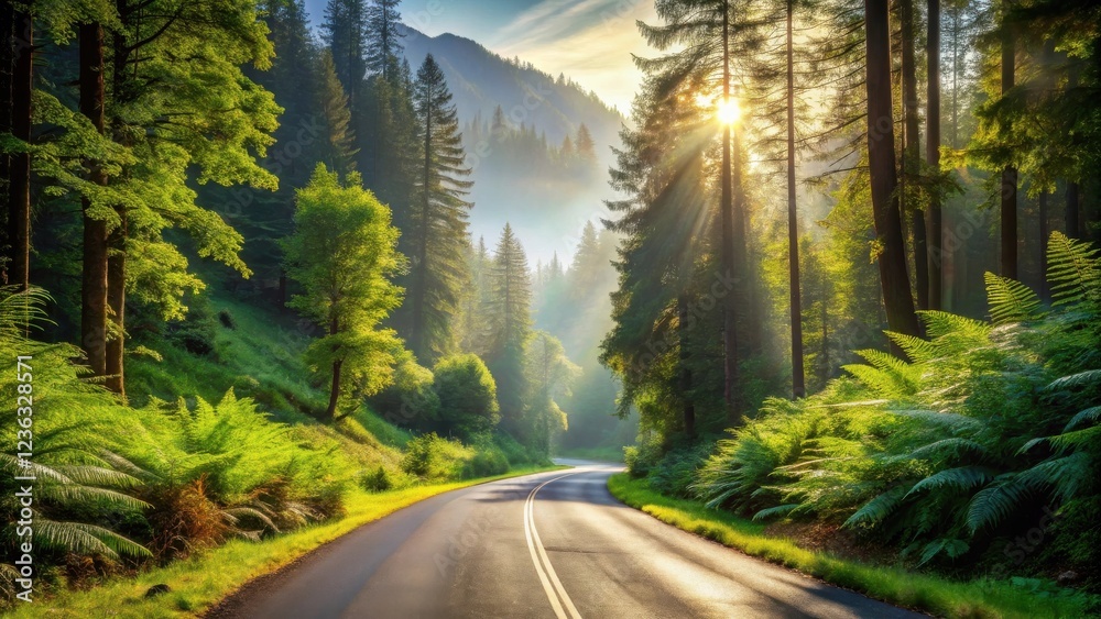 Poster a winding road through a verdant forest, sunlight filtering through the trees, casting long shadows 