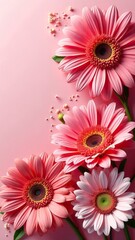 pink gerbera daisies arrangement on soft pink background. concept of romance and elegance.
