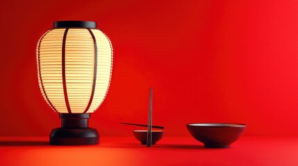 Tea set with red background, includes bamboo lantern and bowls.
