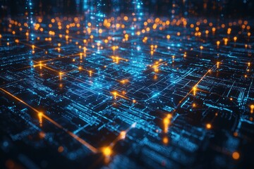 Obraz premium Abstract digital network grid with glowing nodes, data flow visualization