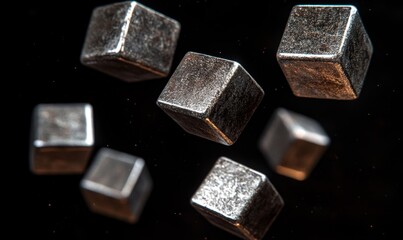 Metallic cubes floating in an empty dark space, Generative AI