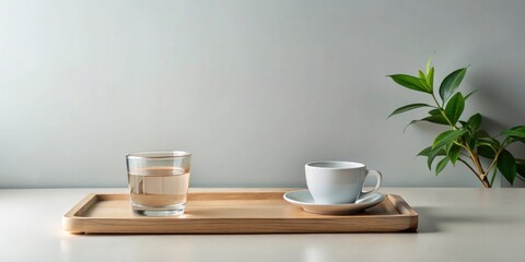 A Minimalist Breakfast Setup with a Wooden Tray, a Glass of Water, and a Coffee Cup on a White Table