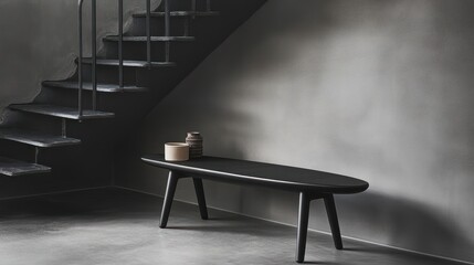 Modern black bench, minimalist interior, staircase backdrop, home decor