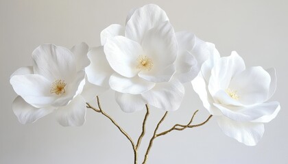 Obraz premium Three Handcrafted White Magnolia Blossoms on a Thin Gold Wire Against a White Background