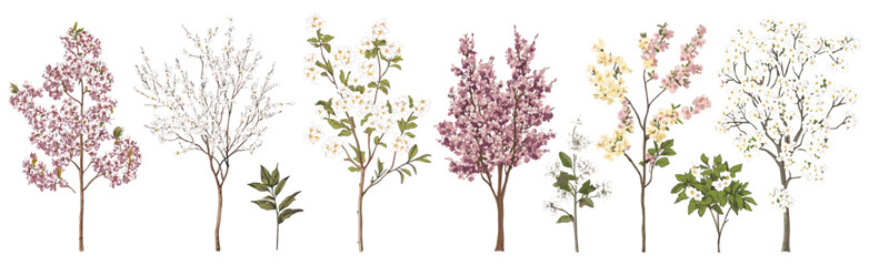 Fototapeta premium Spring blooming trees in vintage vector botanical style, black and white design illustrating the elegance of nature's renewal.