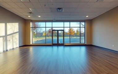 Obraz premium Empty modern room with large window and hardwood floor.